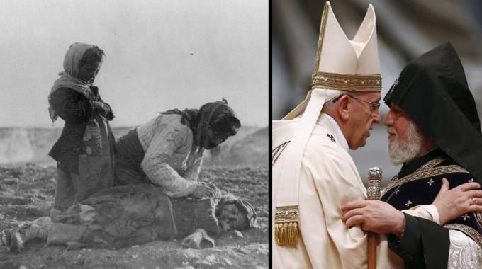 Un'immagine del genocidio armeno; il papa abbraccia il patriarca Karekin
