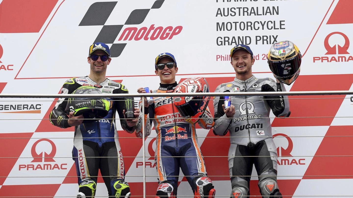 Australia, il podio della MotoGp: Cruchlow, Marquez e Miller (Ansa)