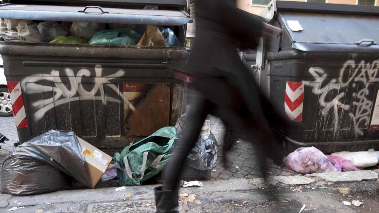 Un cassonetto pieno di rifiuti in via Niso a Roma (Ansa)