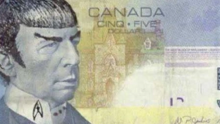 La caricatura del Signor Spock su una banconota da 5 dollari canadese