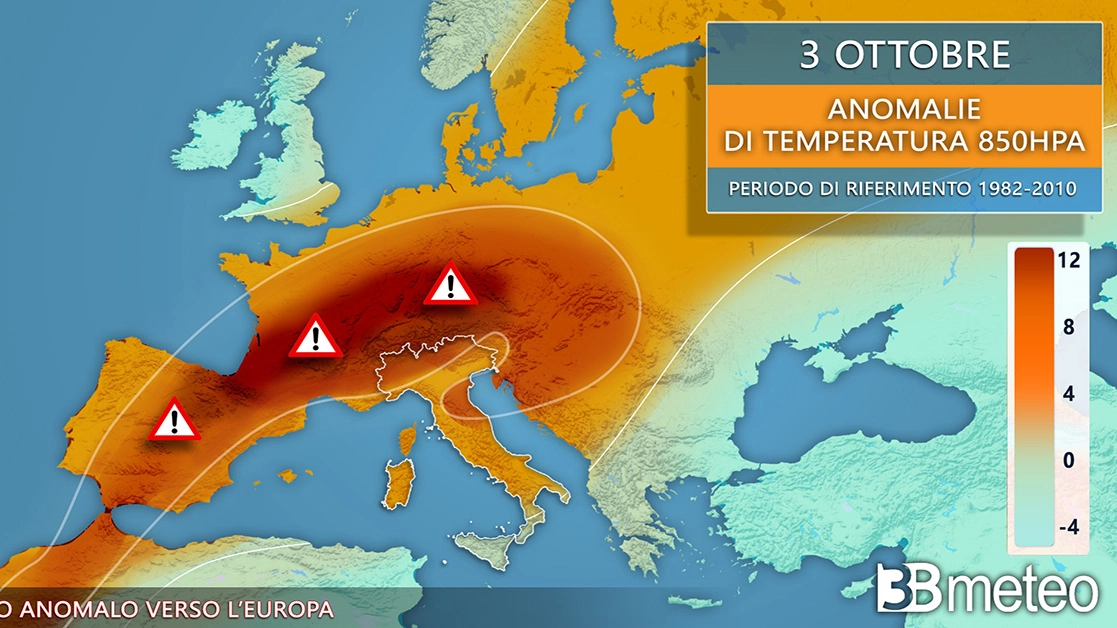 La mappa del caldo anomalo sull'Europa (3bmeteo)