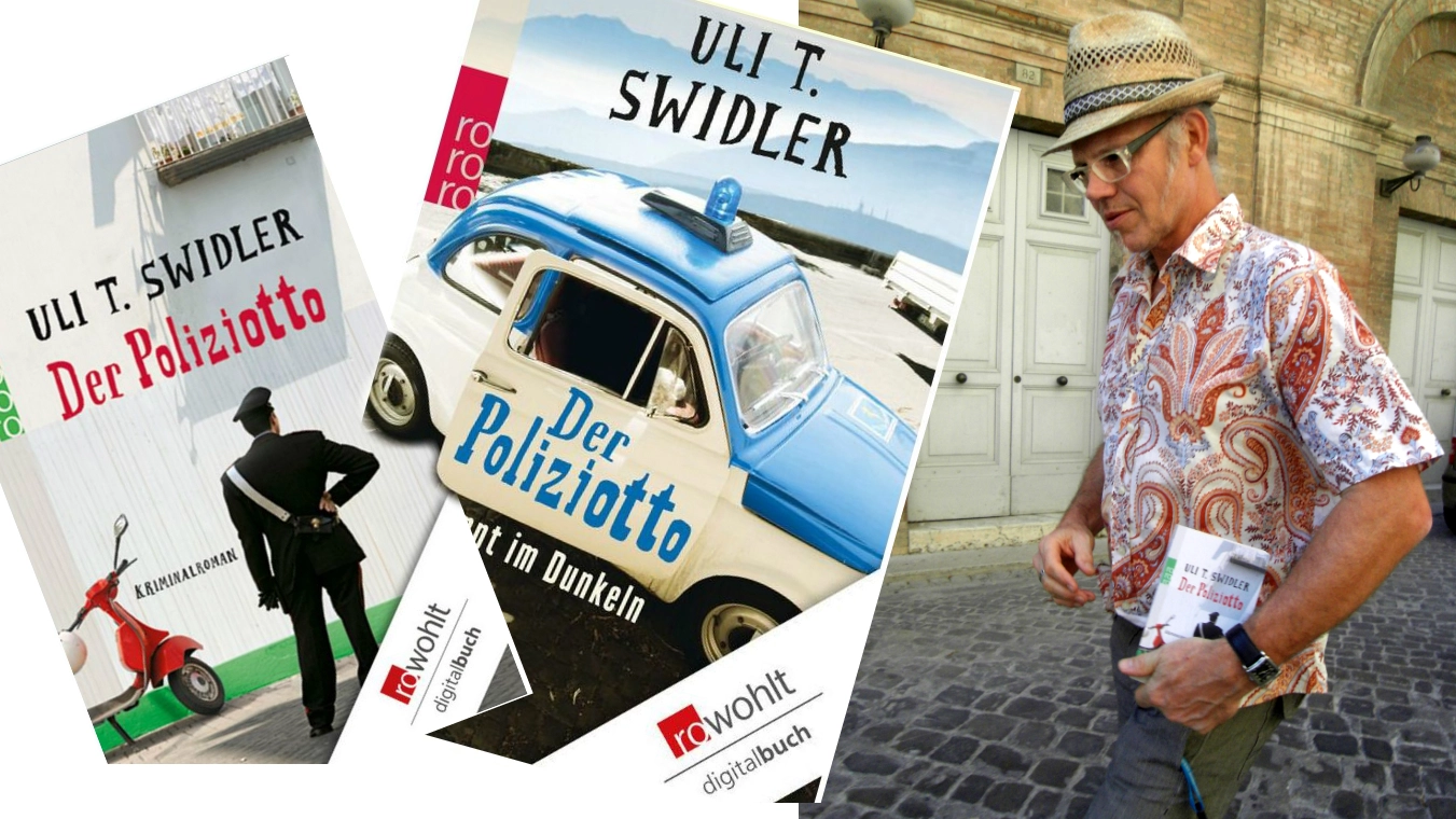 Lo scrittore tedesco Uli T. Swidler e le copertine del suo romanzo "Der Poliziotto"