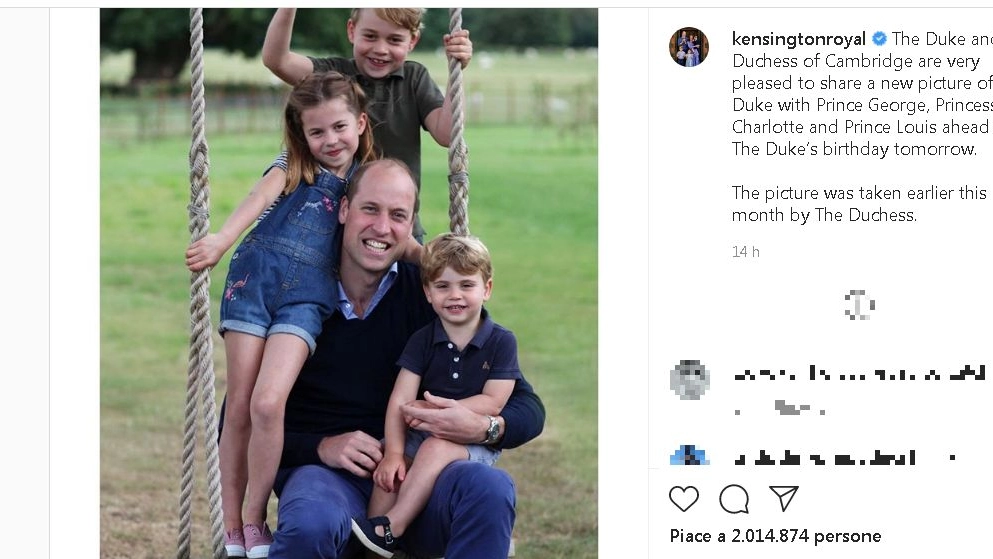 Il principe William con i figli nello scatto della moglie Kate (Instagram)