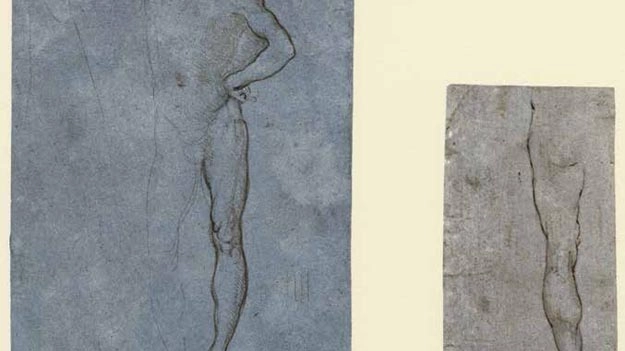Ricercato esempio degli studi di Leonardo dal modello in posa. Su carta preparata azzurra