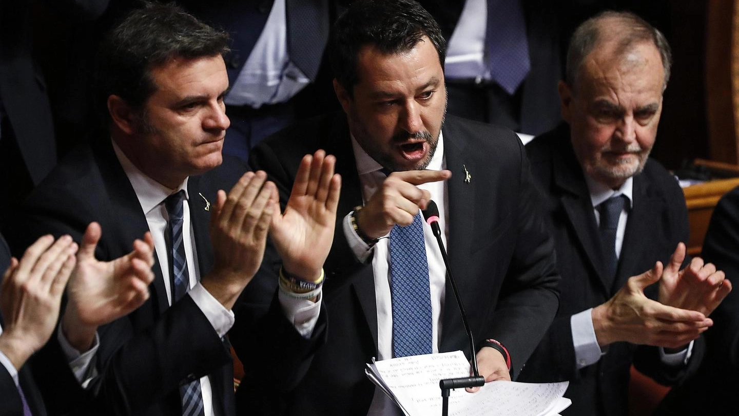 Salvini in aula durante il dibattito al Senato (Ansa)