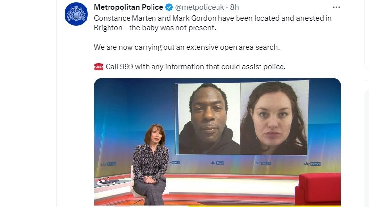 Il tweet della polizia con l'appello su Sky News per trovare il bebè di Constance Marten 