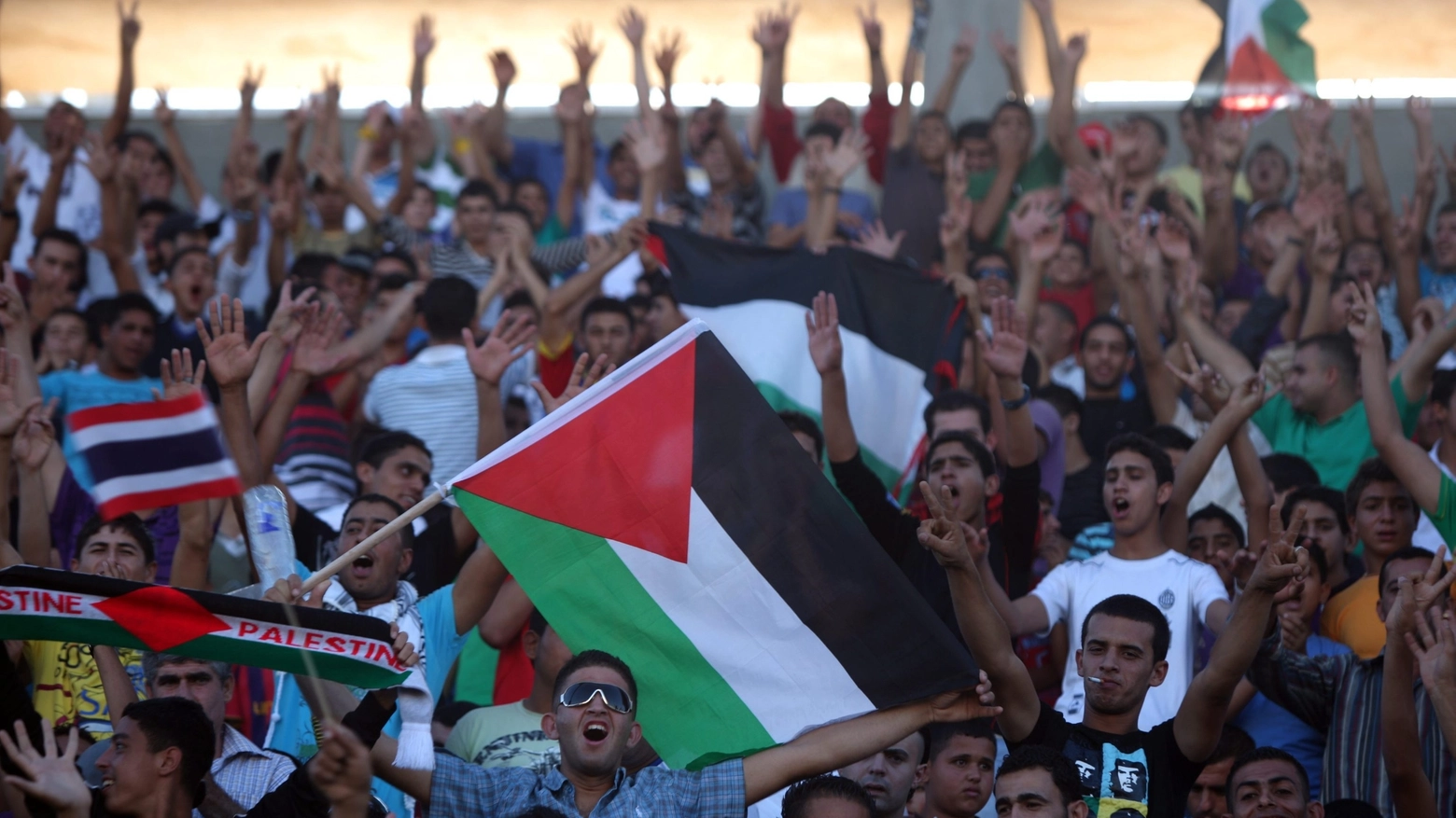 Supporter palestinesi allo stadio (Ansa)