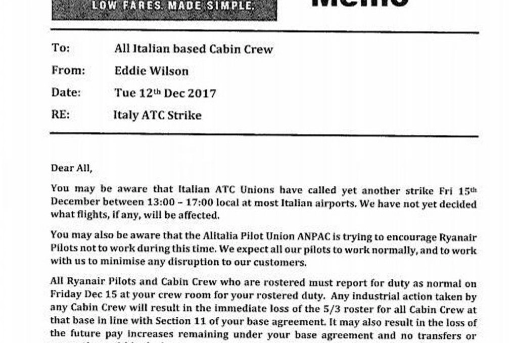 La lettera inviata da Ryanair ai piloti italiani (Ansa)