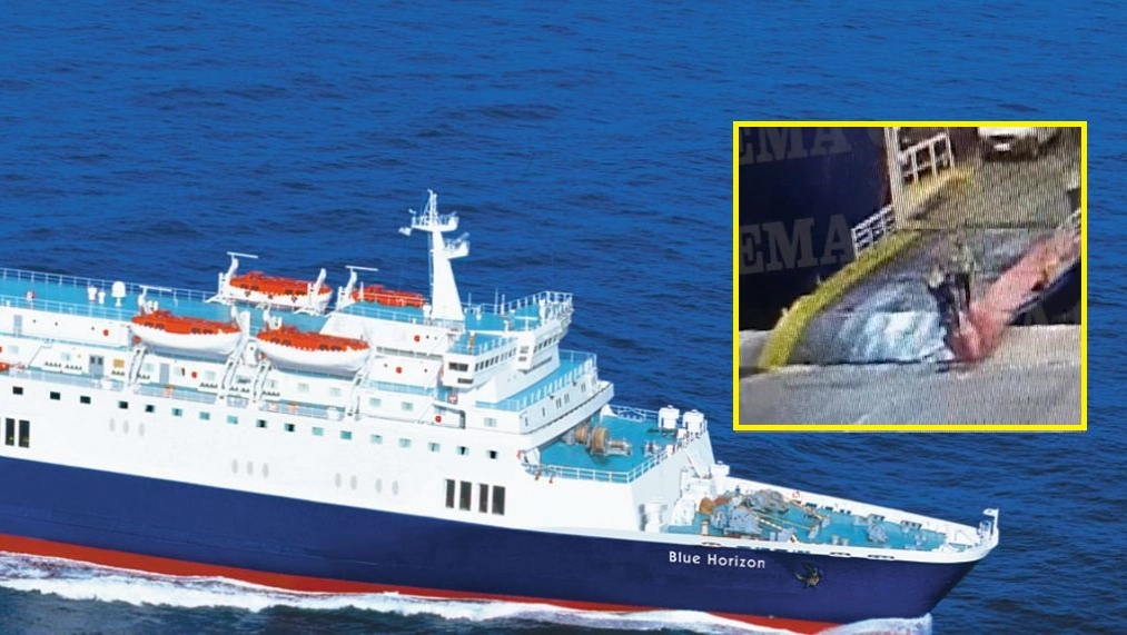 Il traghetto Blue Horizon e un frame del video con il passeggero respinto dall'equipaggio