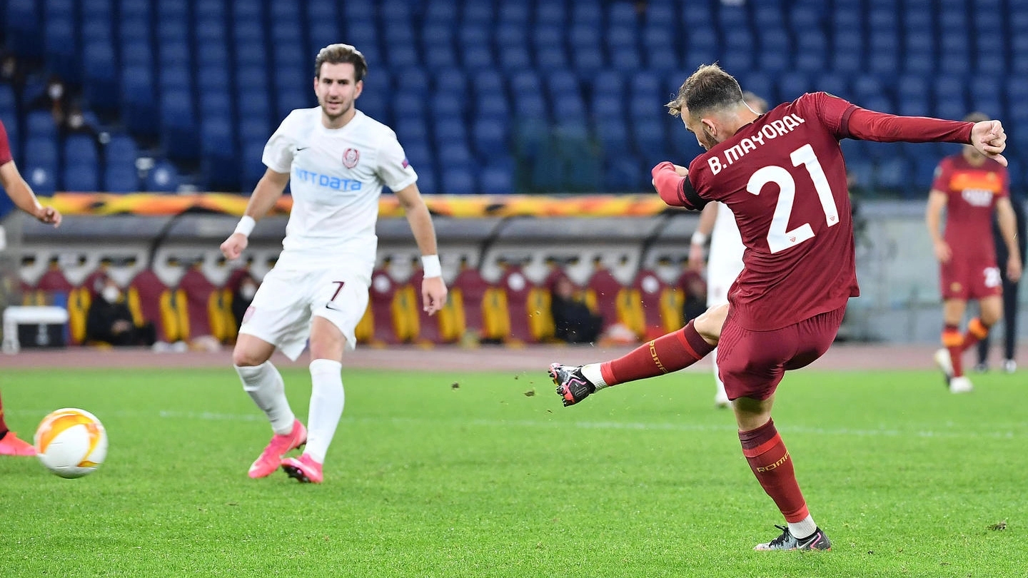 Roma-Cluj, il gol del 4-0 segnato da Borja Mayoral (Ansa)