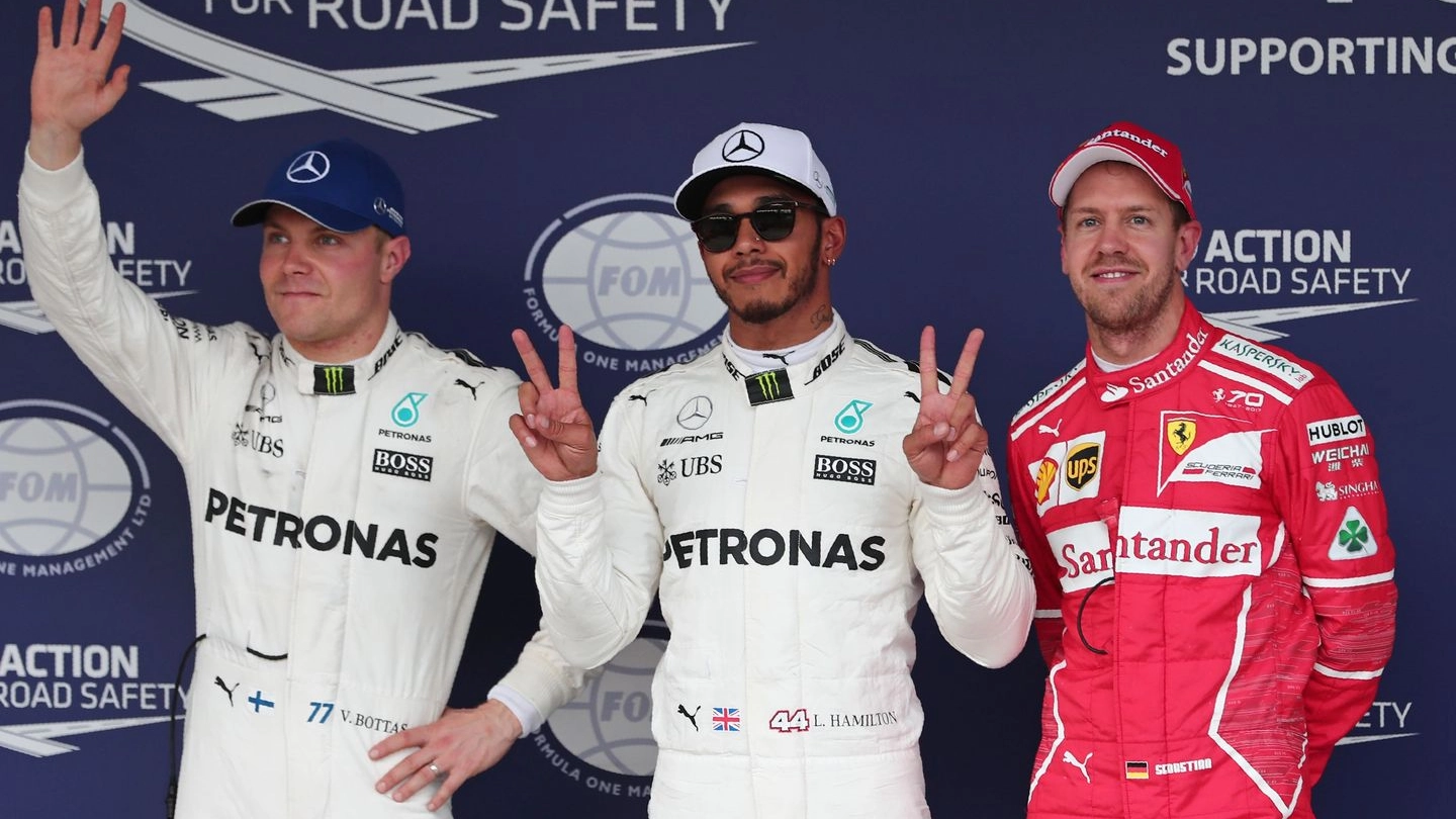 Bottas, Hamilton e Vettel dopo le qualifiche al Gp del Giappone 2017 (Afp)