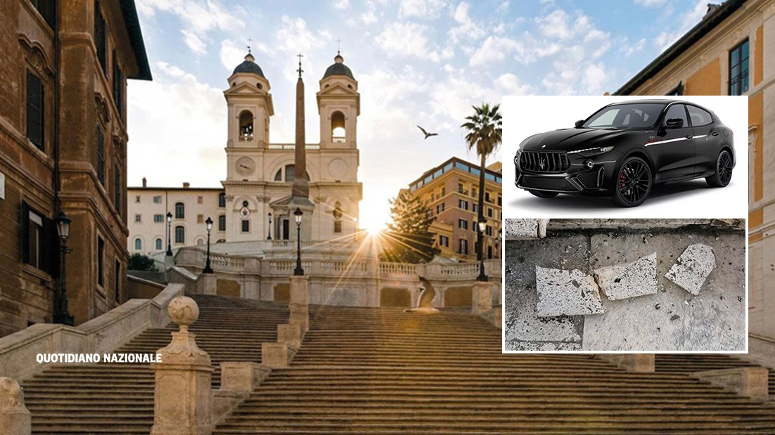 Trinità dei Monti, nei riquadri: un frammento dei danni e la Maserati