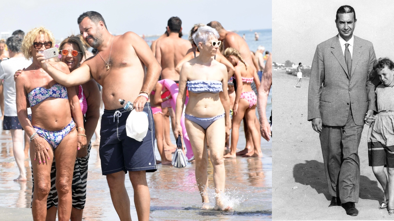 Salvini, selfie in spiaggia. Di fianco Aldo Moro con la figlia Agnese 