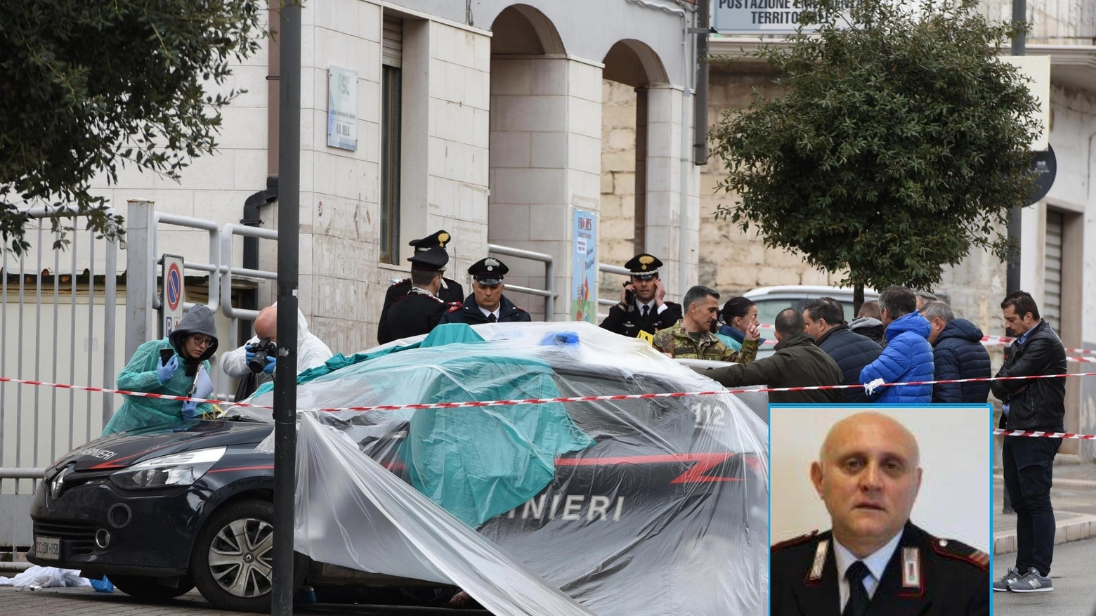 Cagnano Varano, l'auto dei carabinieri e nel riquadro Vincenzo Di Gennaro (Ansa) 