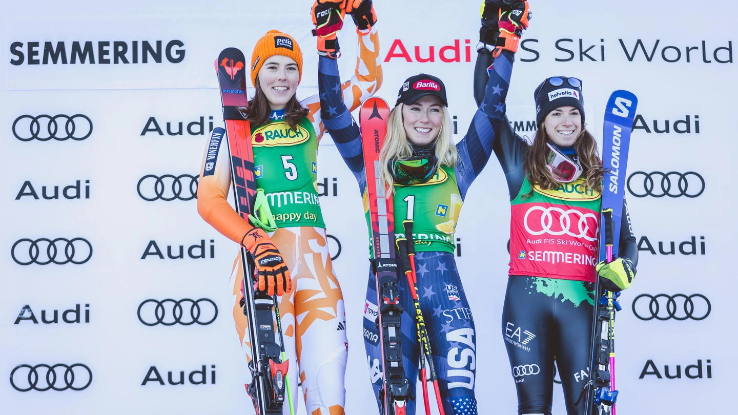 Petra Vlhova, Mikaela Shiffrin e Marta Bassino sul podio (Ansa)