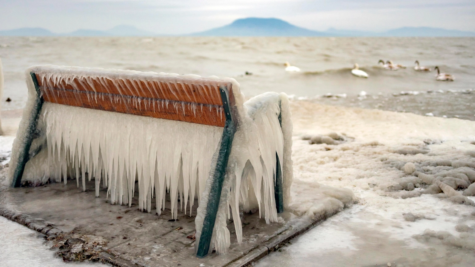 Una panchina ghiacciata sul lago Balaton in Ungheria (Ansa)