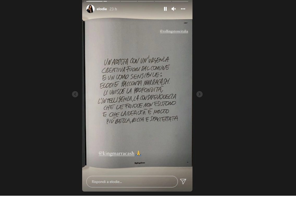 La storia di Elodie su Instagram