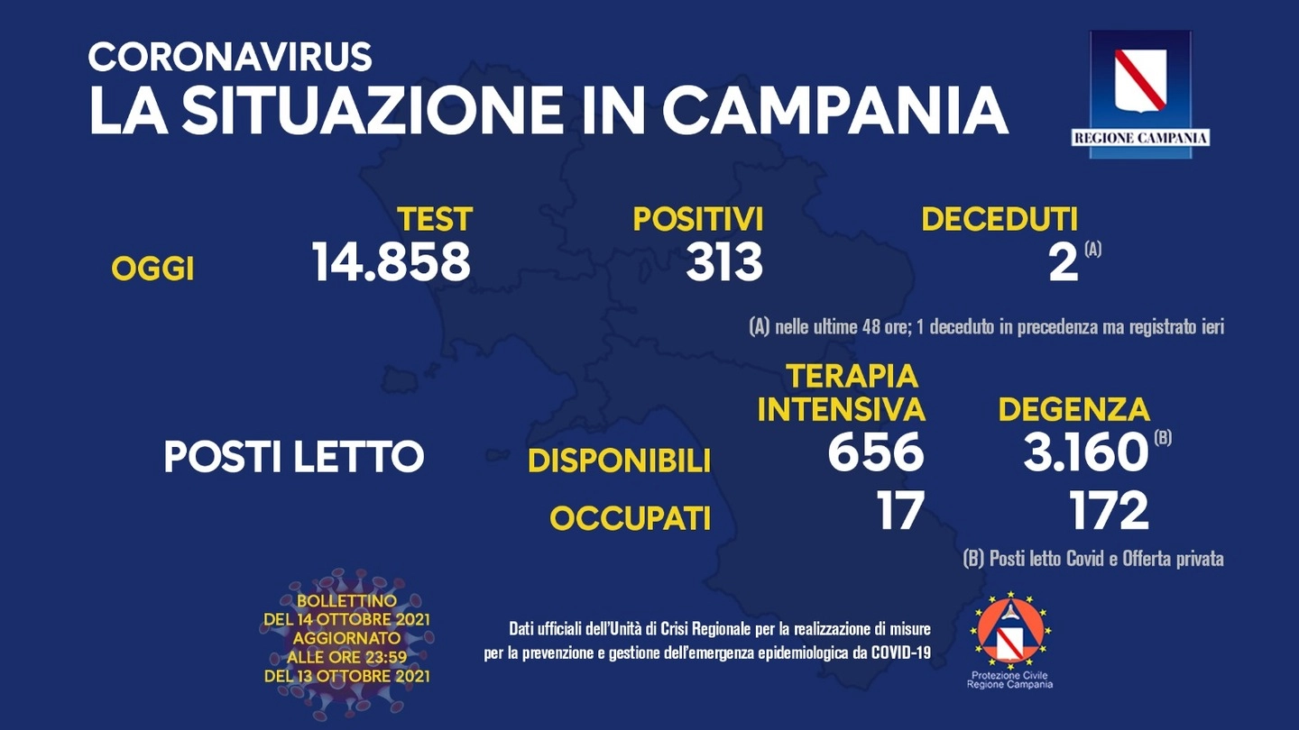 Sono 313 i positivi del giorno in Campania, rilevati a fronte di 14.858 test effettuati