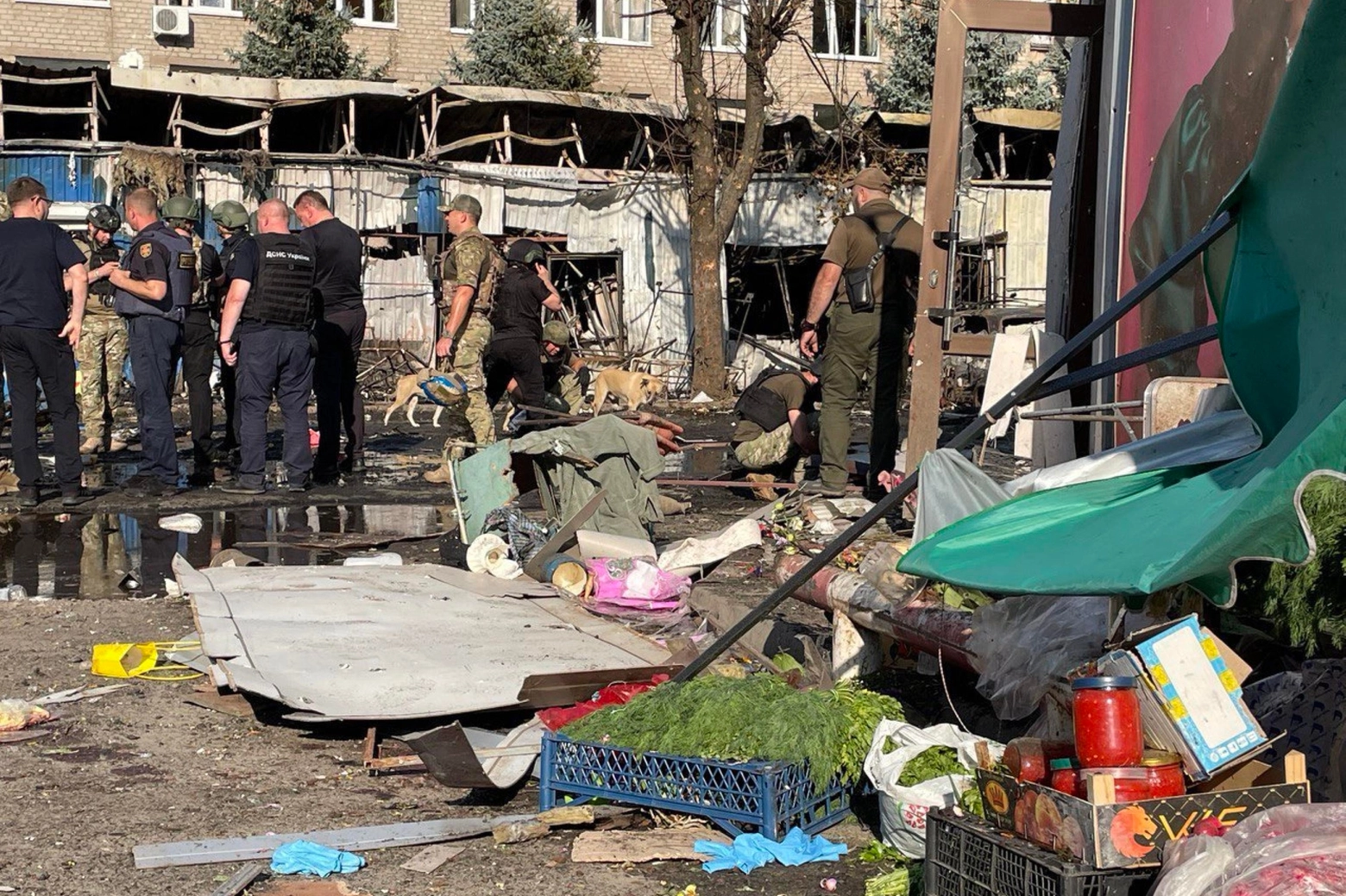 Il raid russo sul mercato di Kostiantynivka nel Donetsk (Ansa)