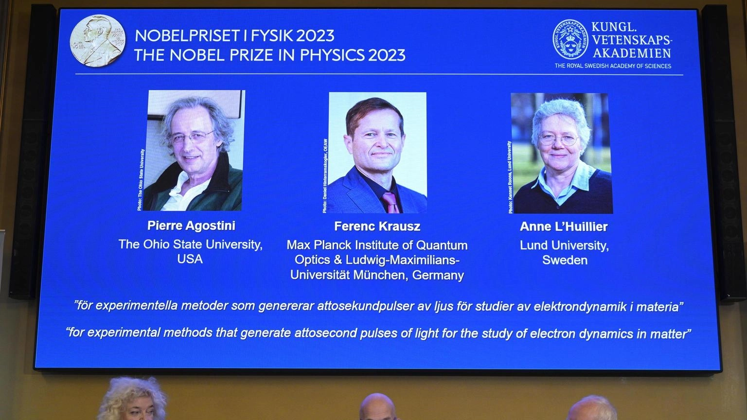 Nobel per la Fisica a Agostini, Krausz e L'Huiller