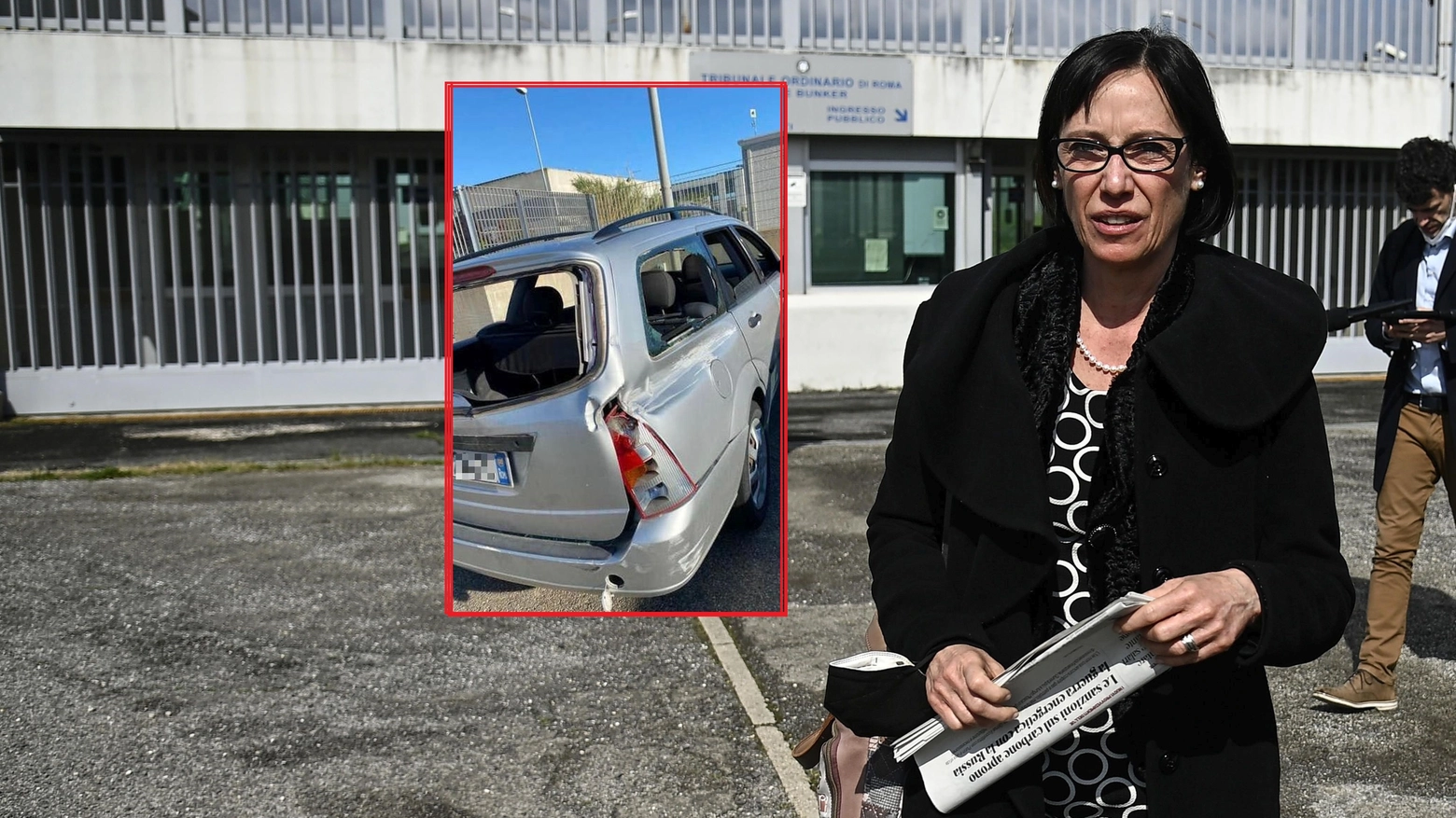 Ilaria Cucchi e, nel riquadro, l'auto dei genitori dopo l'incidente (Ansa/Facebook)