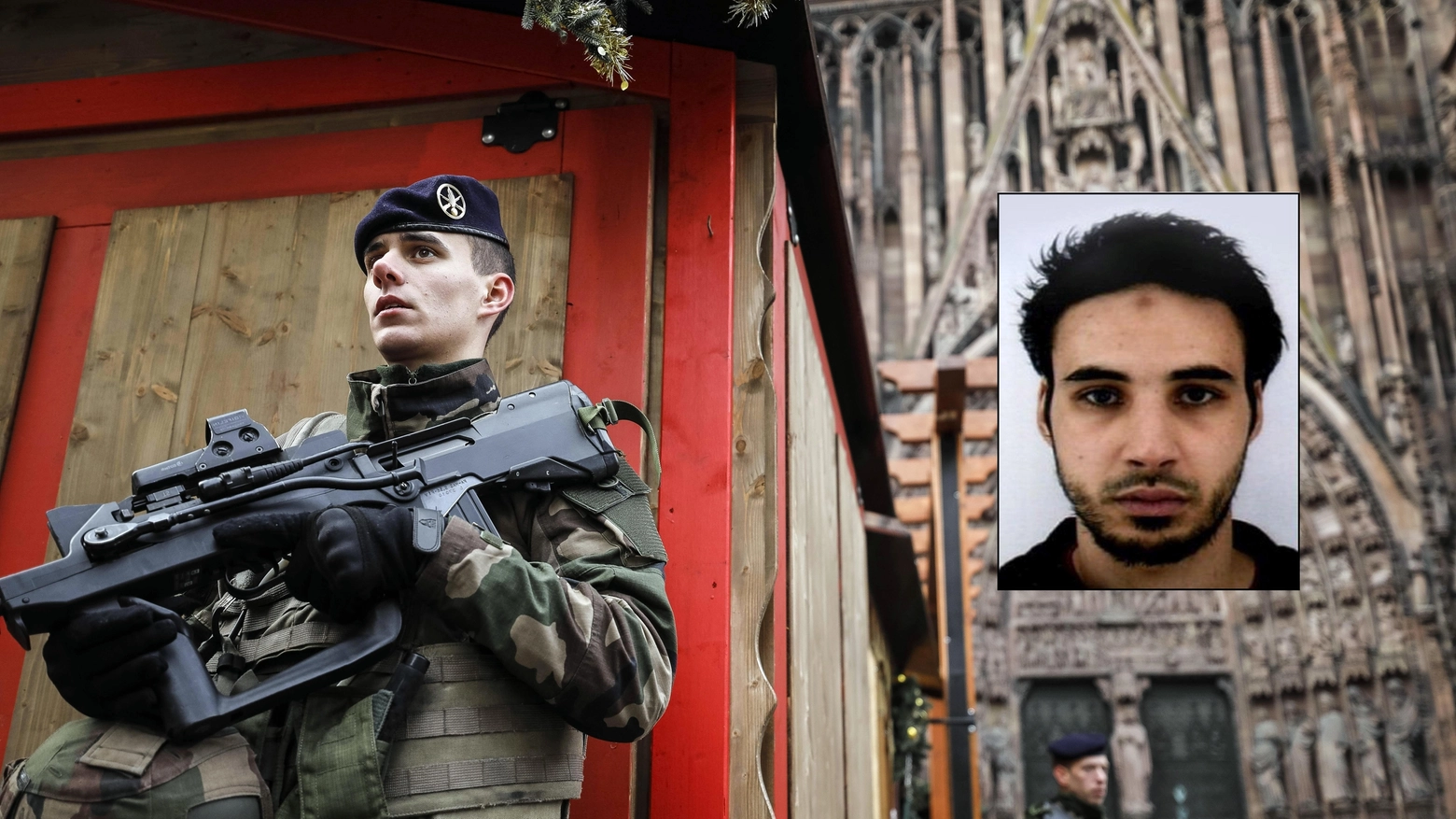 Un soldato francese e nel riquadro l'attentatore di Strasburgo Cherif Chekatt