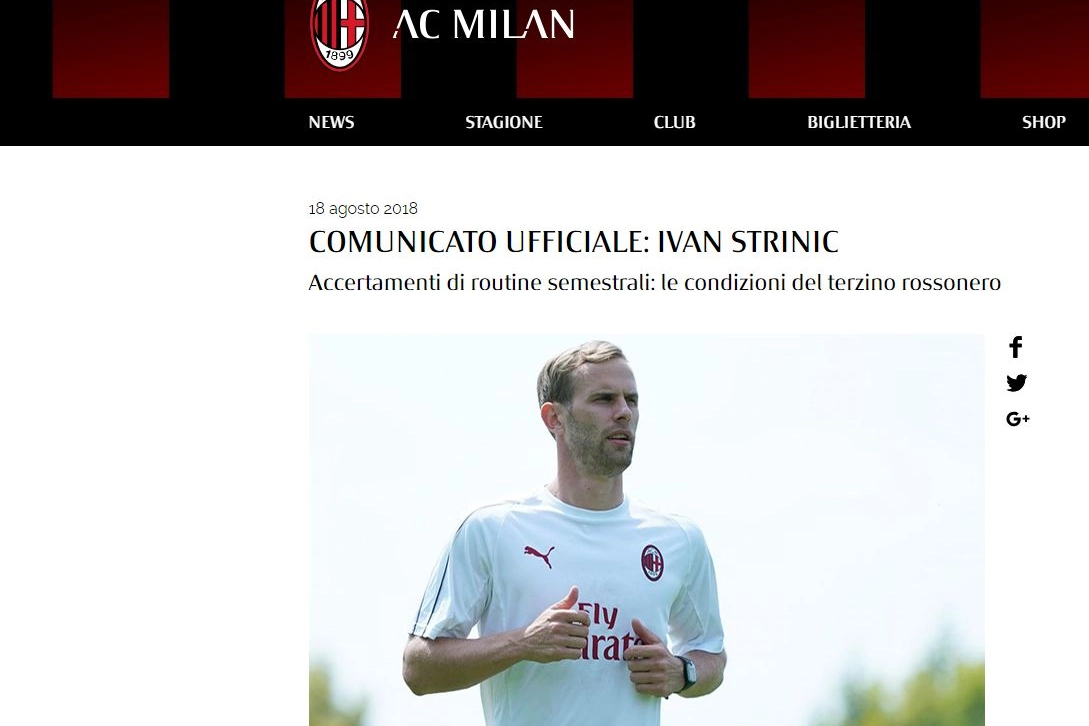 L'annuncio sul sito del Milan. Stop a Strinic 