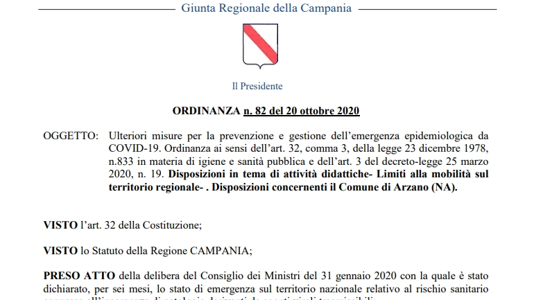 L'ordinanza della Regione Campania