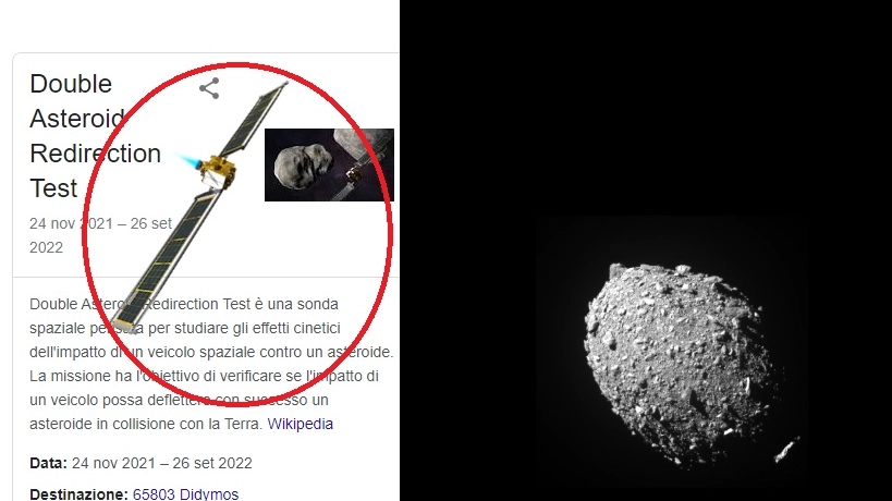 A sinistra l'animazione Google, a destra l'immagine dell'impatto di Dart con l'asteroide