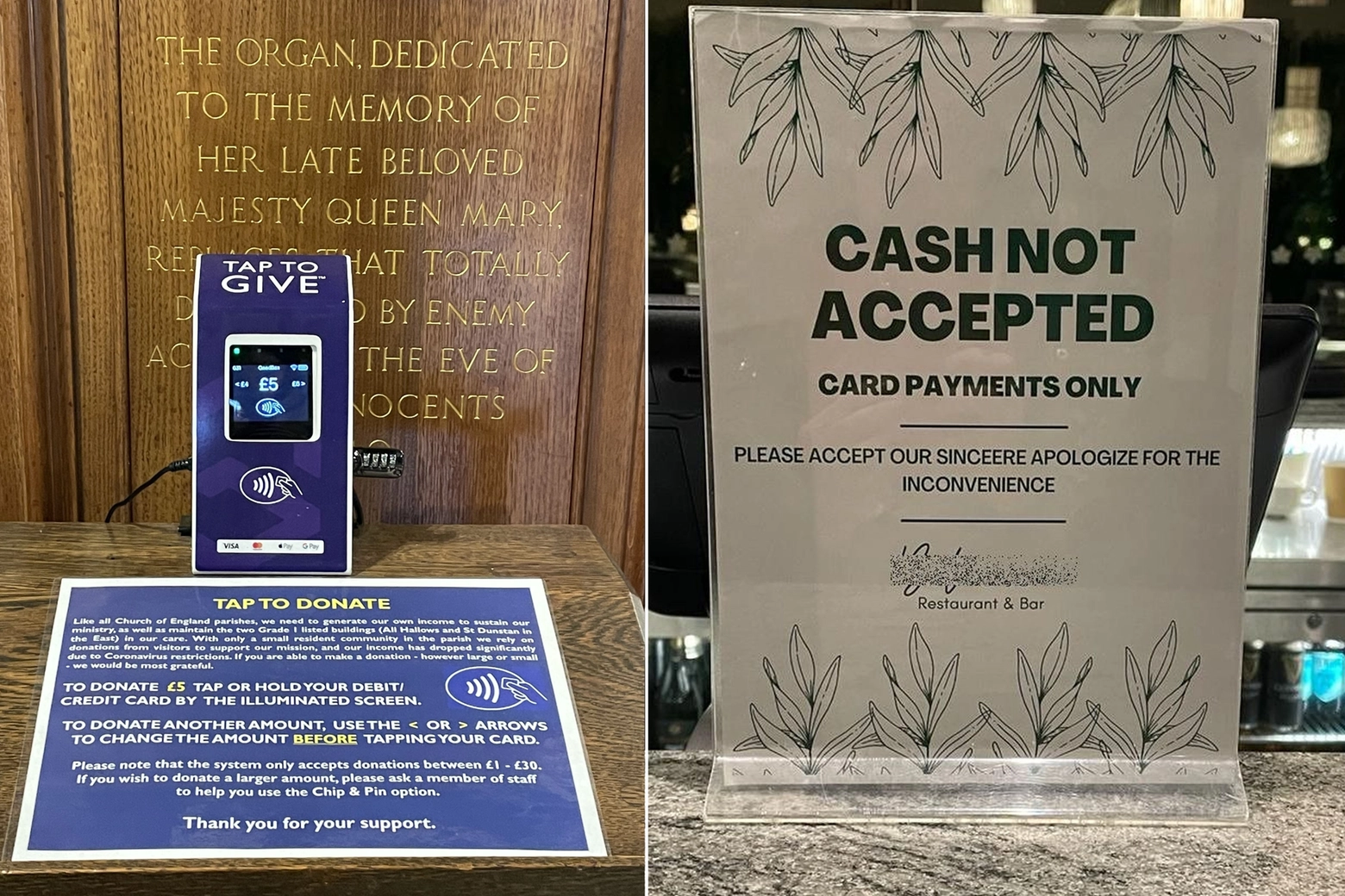 Londra: pos per le offerte in chiesa e un cartello che invita ai pagamenti con carta