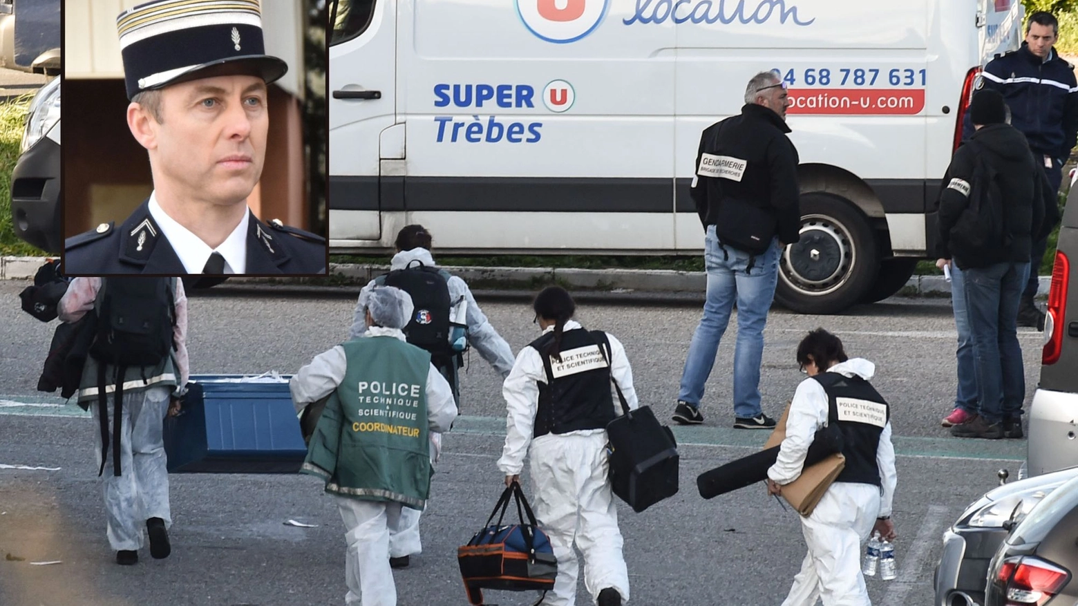 Nel riquadro Arnaud Beltrame, il gendarme eroe di Trèbes (combo) 