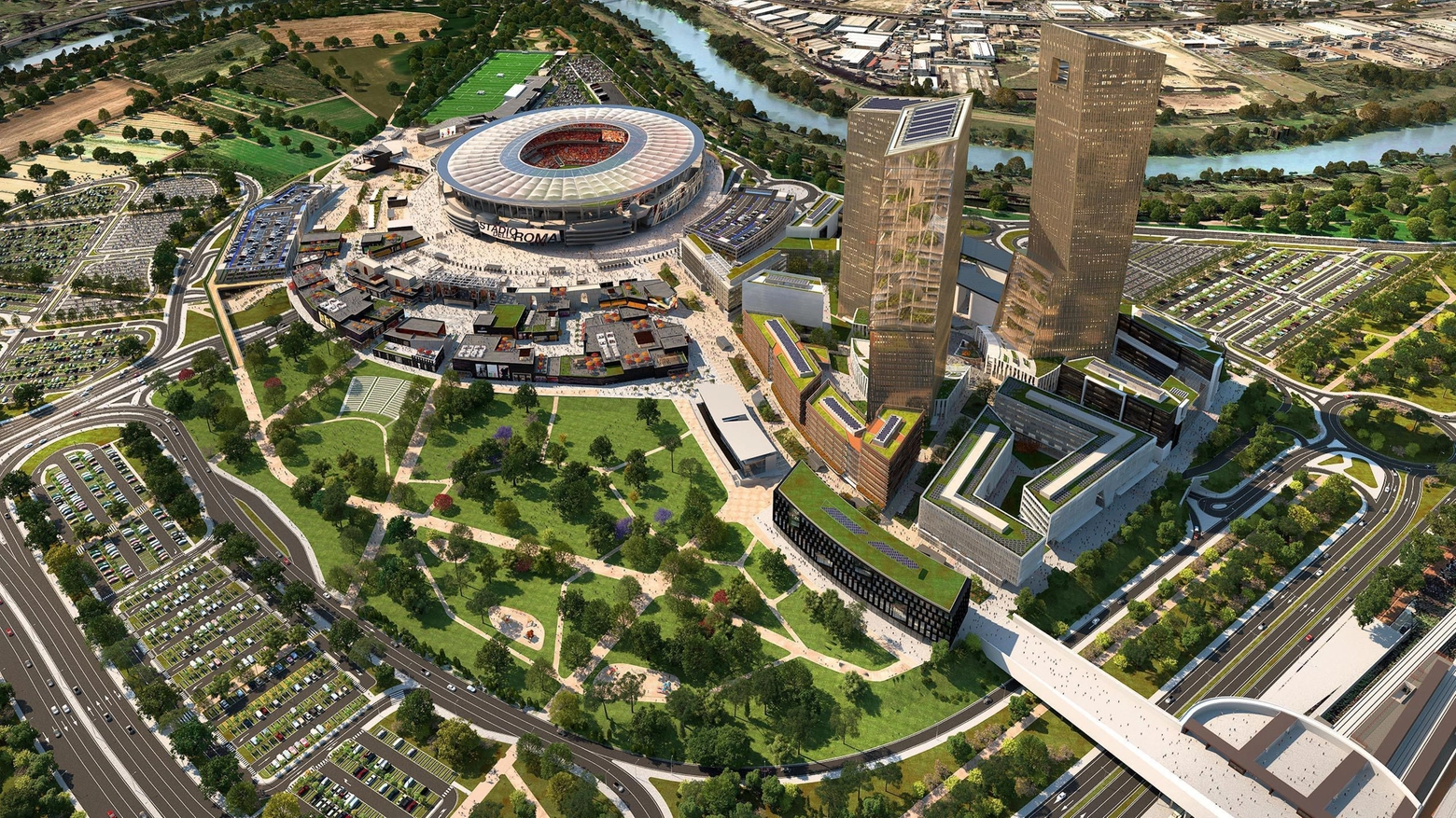 Il rendering finale del progetto del nuovo stadio dell'AS Roma a Tor di Valle