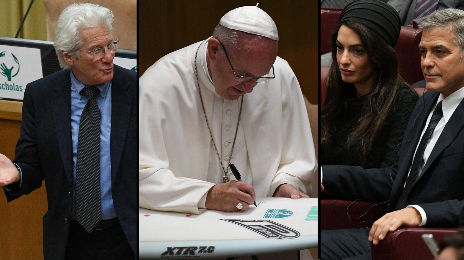 Vaticano, premiati Gere e Clooney. E Francesco firma la tavola da surf