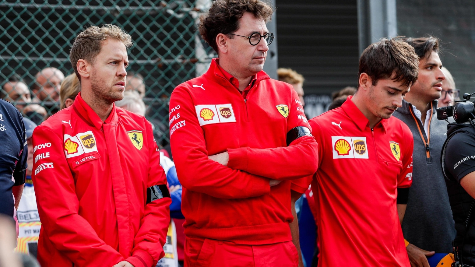Binotto assieme a Vettel e Leclerc