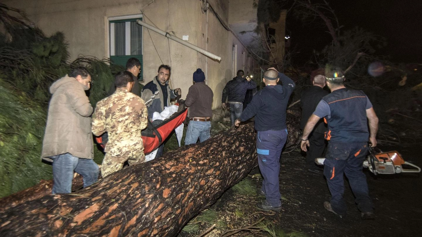 Il recupero del corpo dell'uomo ucciso dal crollo di un cornicione a Ladispoli (Ansa)