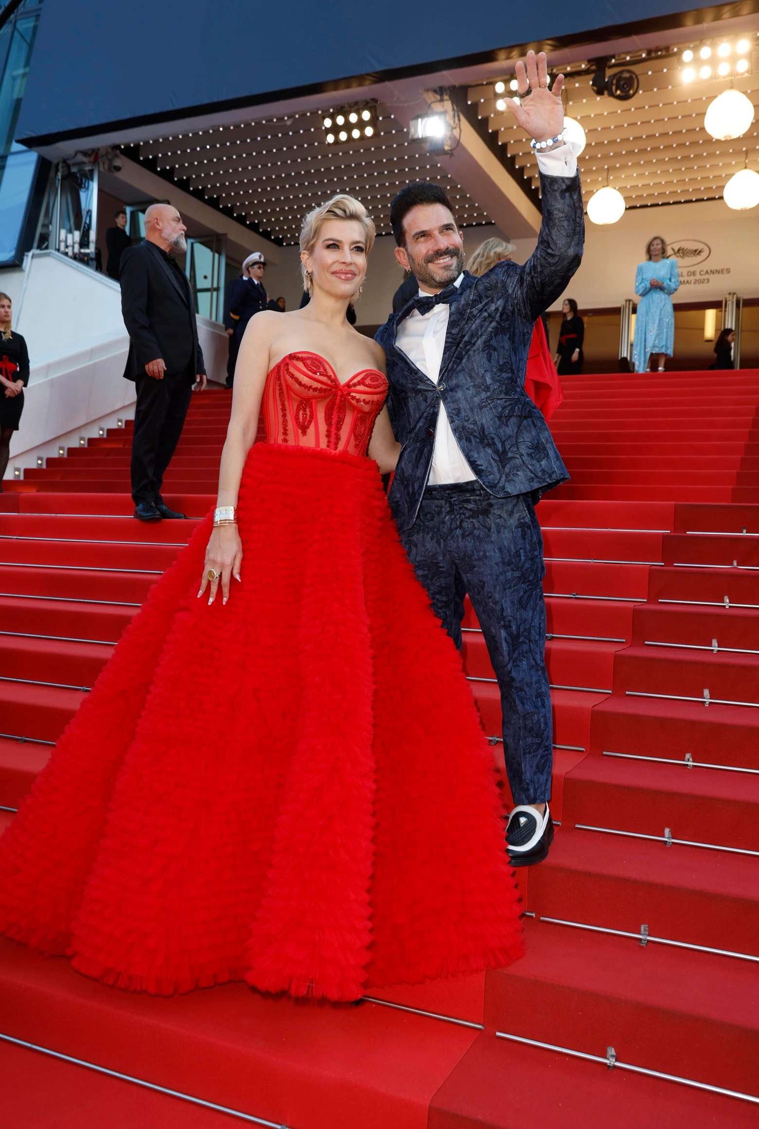 epa10644543 Marc Terenzi (R) and Verena Kerth arrive for the screening of 'Le Jeu de la reine' (Firebrand) during the 76th annual Cannes Film Festival, in Cannes, France, 21 May 2023. The movie is presented in the Official Competition of the festival which runs from 16 to 27 May.  EPA/SEBASTIEN NOGIER