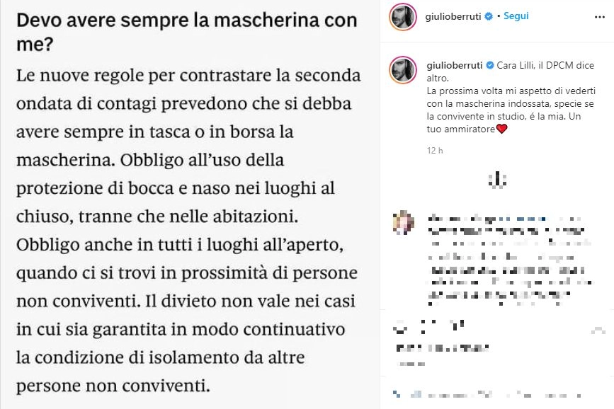 Il posta di Giulio Berruti in risposta a Lilli Gruber (Instagram)