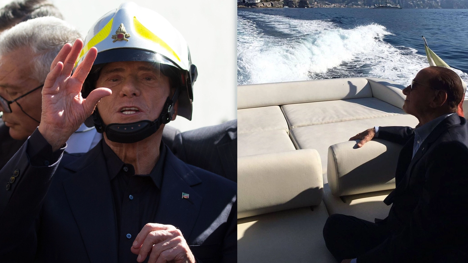 Berlusconi nella zona rossa di Casamicciola (sx) e sullo yacht verso Ischia (Afp/Fb)