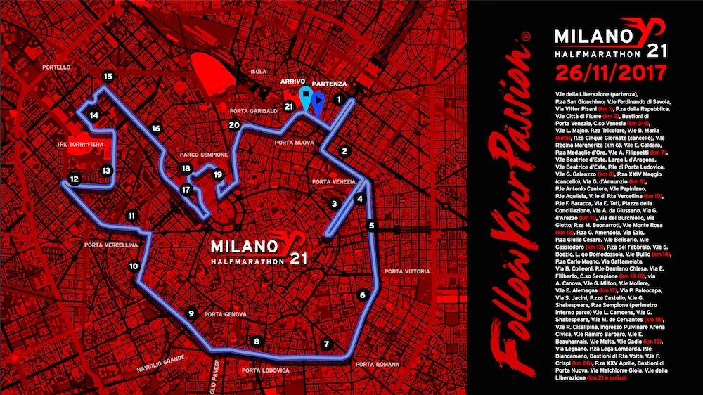 Il percorso della Milano21, la mezza maratona che si correrà il 26 novembre a Milano