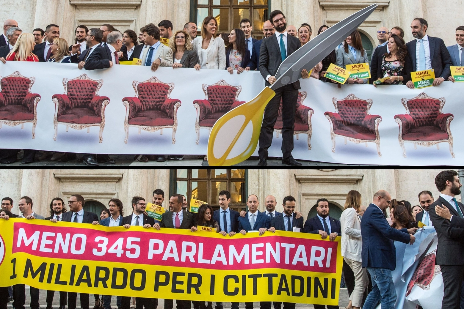 Taglio dei Parlamentari, i 5 stelle festeggiano davanti a Montecitorio (Lapresse)