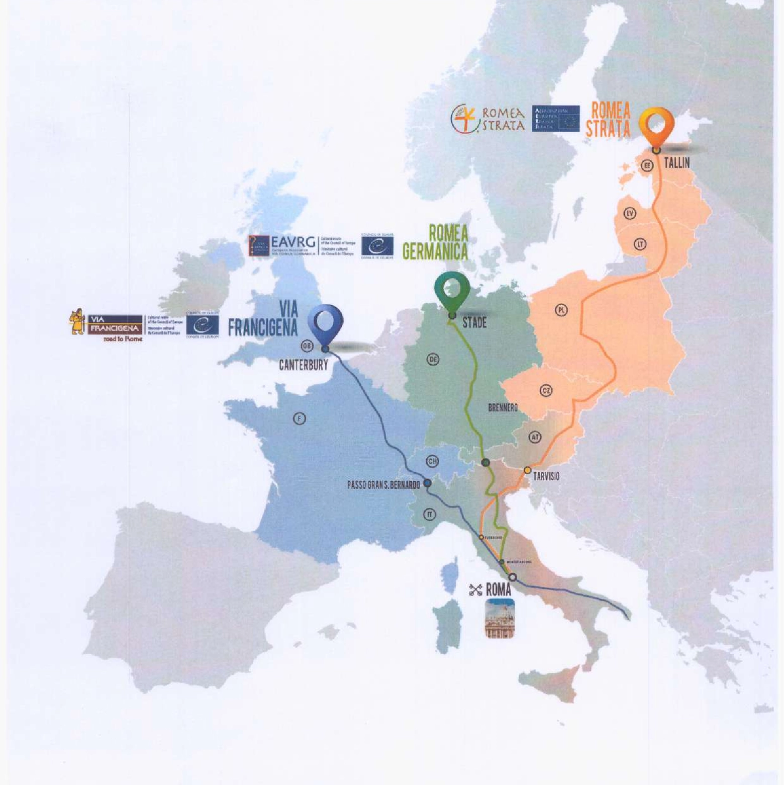 La mappa delle tre Romee maggiori che dal nord Europa conducevano a Roma