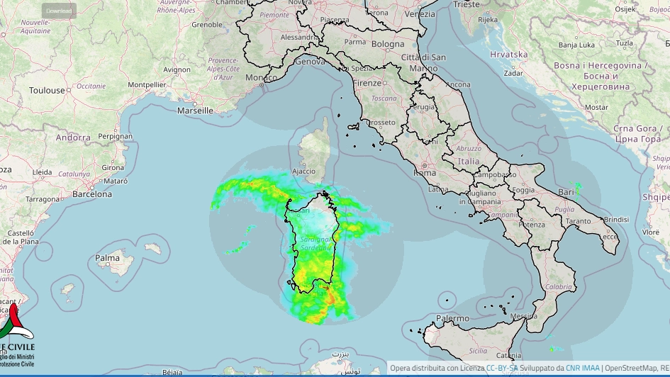 Radar meteo: le forti precipitazioni sulla Sardegna