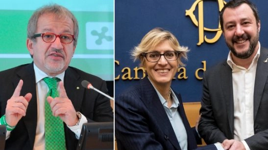 Roberto Maroni a sinistra. A destra Giulia Bongiorno con Salvini (LaPresse/NewPress)