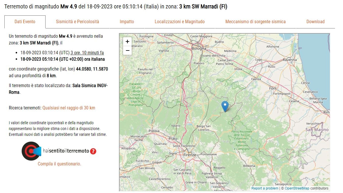 Il sito dell'Ingv con la segnalazione del terremoto a Marradi