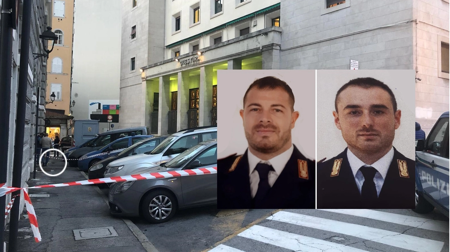 Pierluigi Rotta e Matteo Demenego, i due agenti uccisi. Nel tondo una pistola (Ansa)