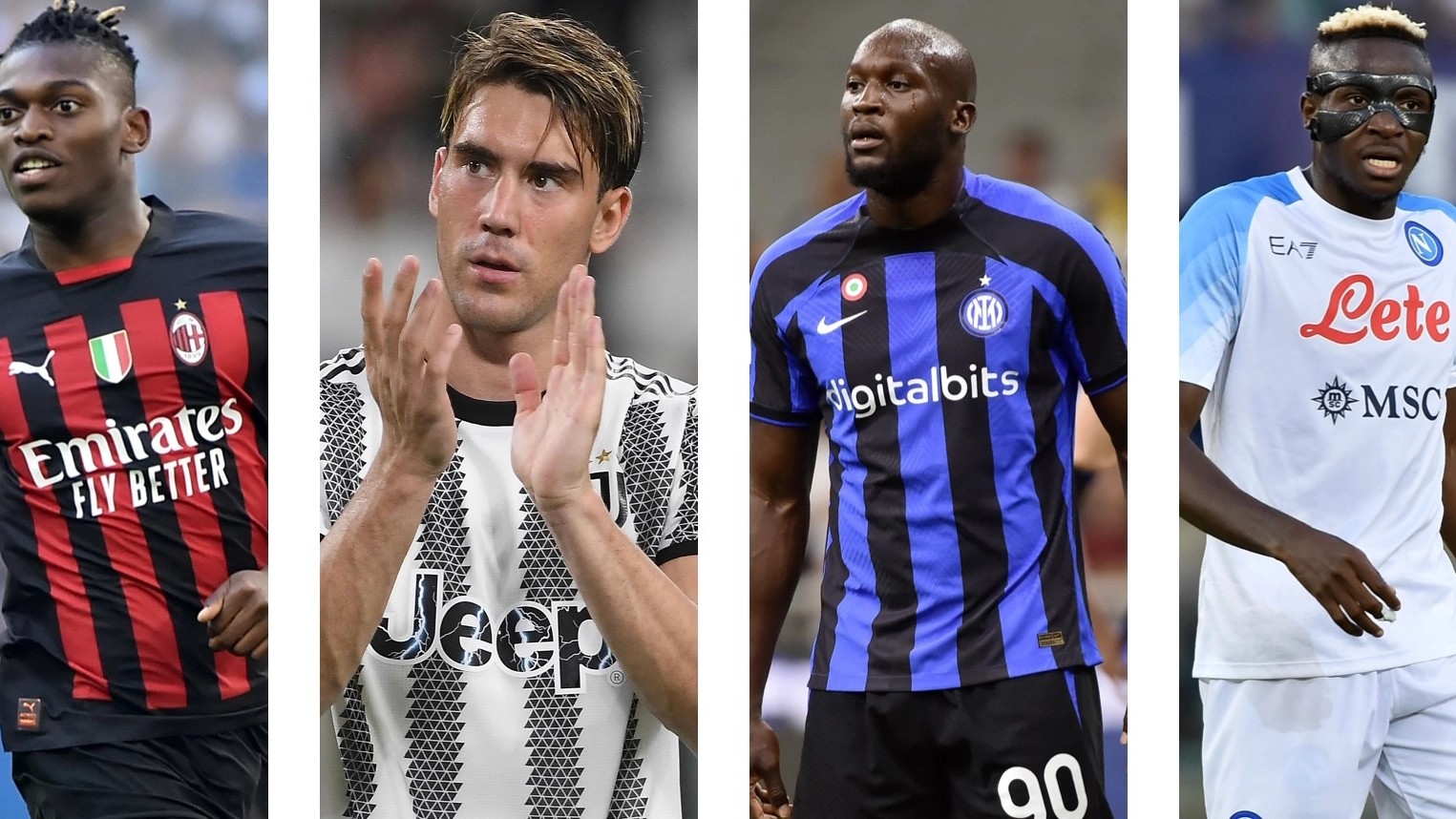 Da sinistra Leao (Milan), Vlahovic (Juventus), Lukaku (Inter) e Osimhen (Napoli)
