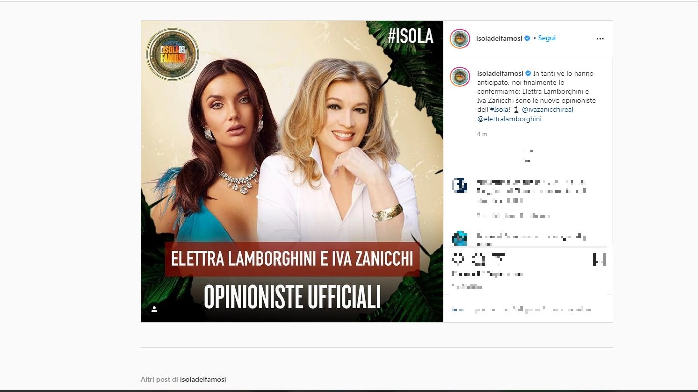 L'Isola dei famosi 2021: Elettra Lamborghini e Iva Zanicchi opinioniste (Instagram)