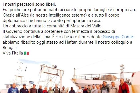 Di Maio su Facebook: "Pescatori italiani liberati"