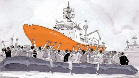 L'Aquarius e il gommone dei migranti (disegno di Bonaccorso)