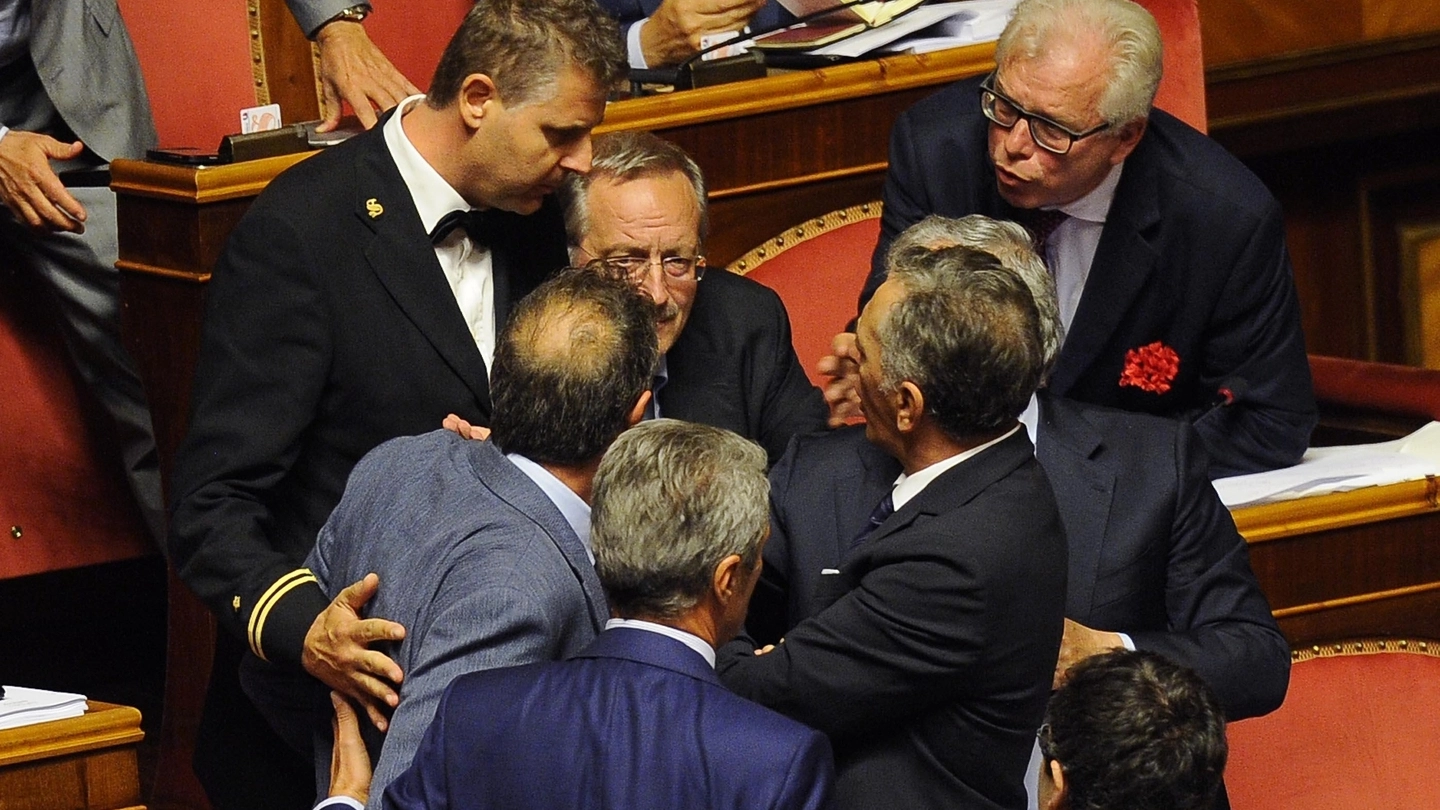 Bagarre in Senato dopo il gesto di Lucio Barani (Ansa)
